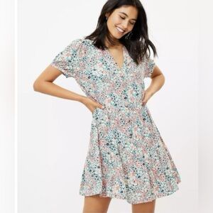 Loft Women’s Floral Flounce Shirt Dress Drop Waist Short Sleeves Rayon Pink Sz L